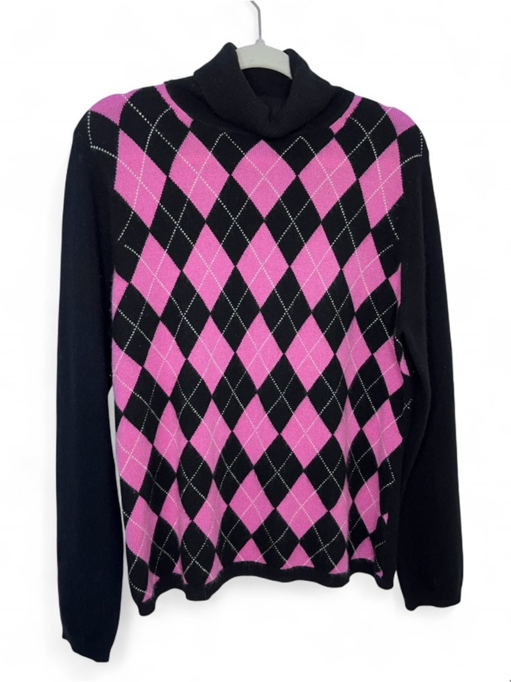 Apt 9 100% Cashmere Argyle Turtleneck Sweater XL Pink Black White Knit